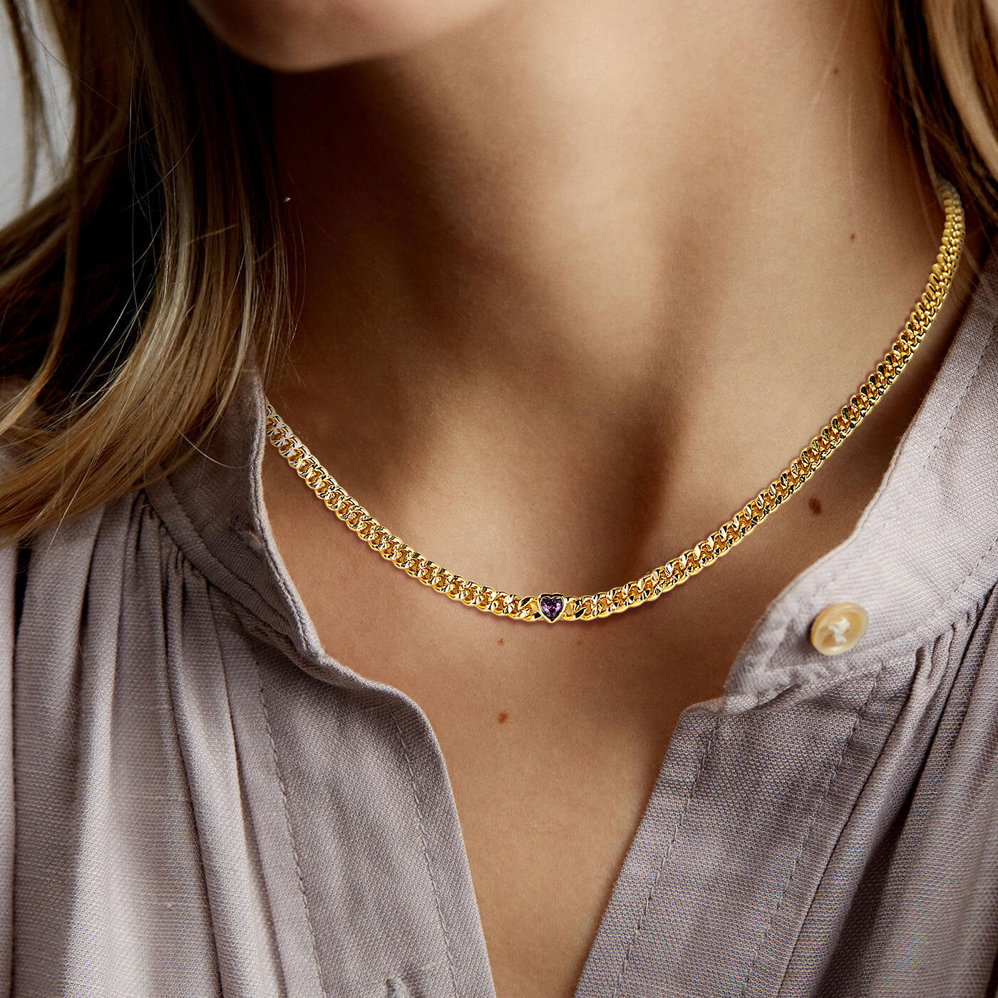  4.5MM Heart Birthstone Gold Chain Choker Necklace for Women