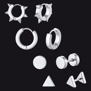 Steel 4Pcs Rivets/Hoop/Stud/Triangle Earrings Set for Men