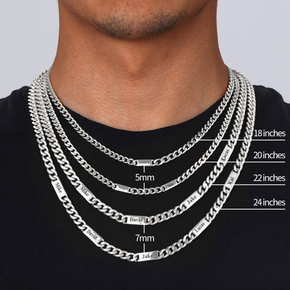 Silver chain necklaces with measurement labels on a black background