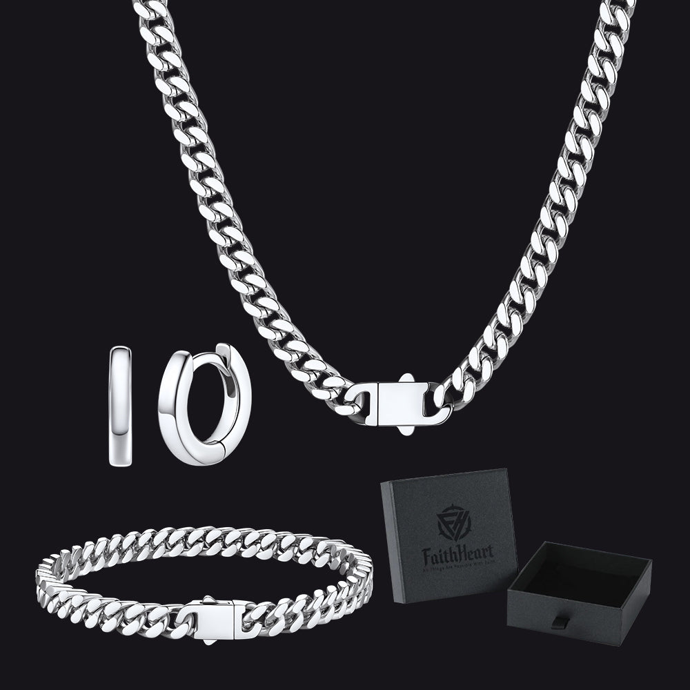 5mm Cuban Chain Necklace, Bracelet & Hoop Earrings Set for Men