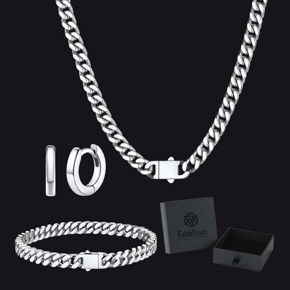 5mm Cuban Chain Necklace, Bracelet & Hoop Earrings Set for Men