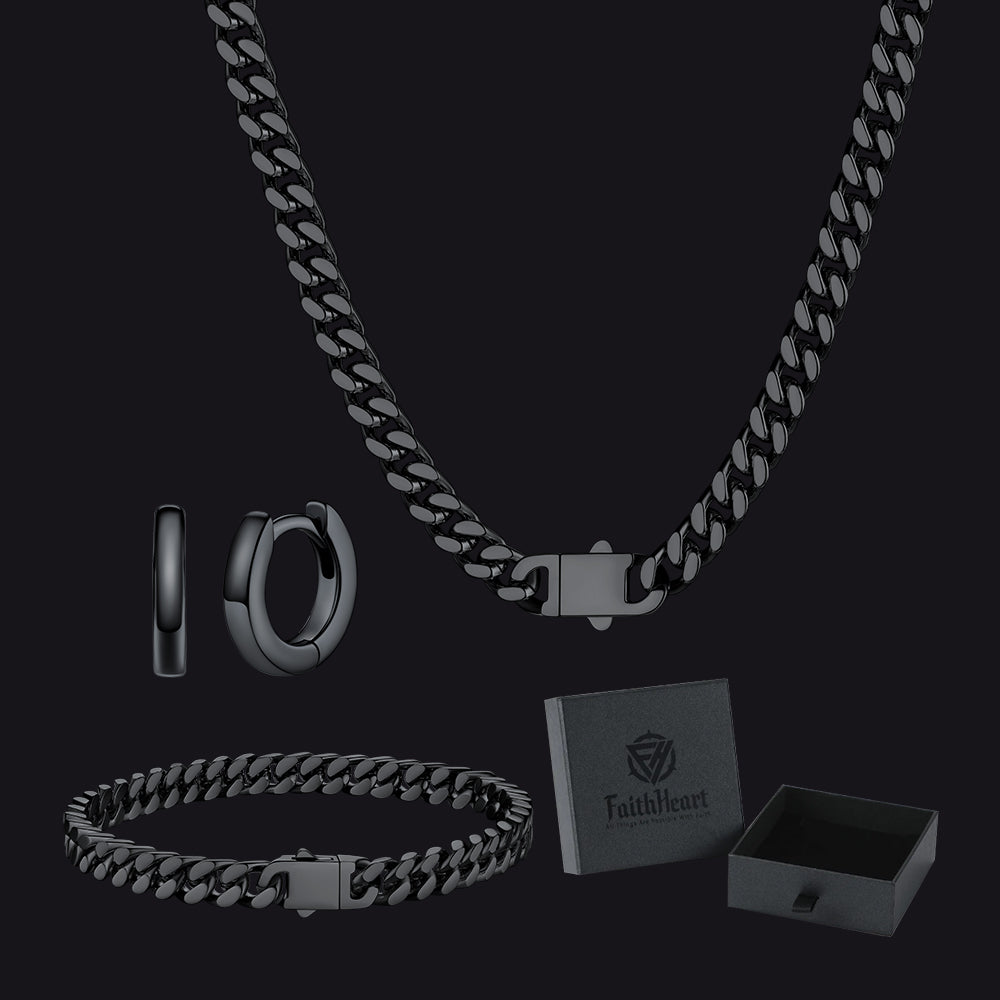 5mm Cuban Chain Necklace, Bracelet & Hoop Earrings Set for Men