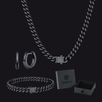 5mm Cuban Chain Necklace, Bracelet & Hoop Earrings Set for Men