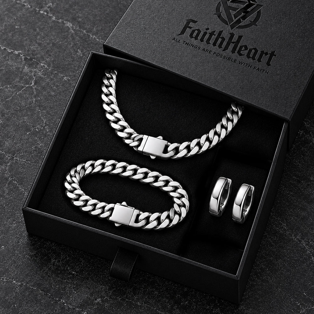 5mm Cuban Chain Necklace, Bracelet & Hoop Earrings Set for Men