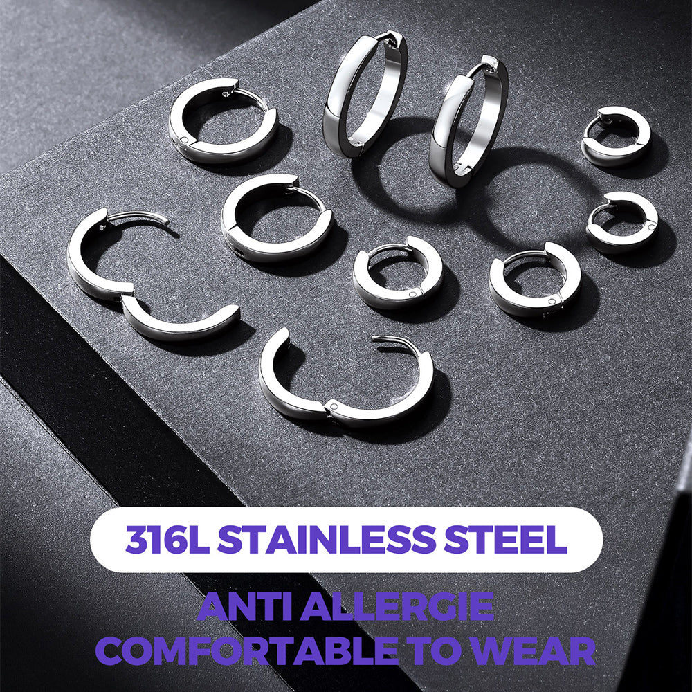 Set of stainless steel hoop earrings on a dark surface with text highlighting material and comfort.