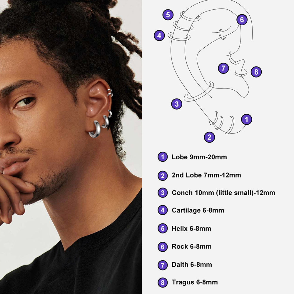 Man wearing earrings with an ear gauge chart on a white background