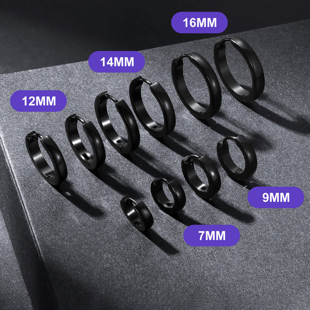Set of black hoop earrings in various sizes on a gray surface with labeled diameters.
