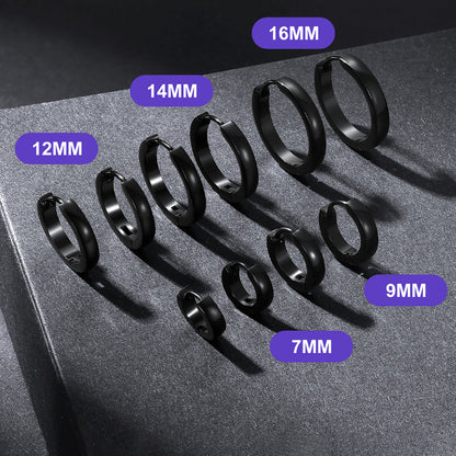 Set of black hoop earrings in various sizes on a gray surface with labeled diameters.