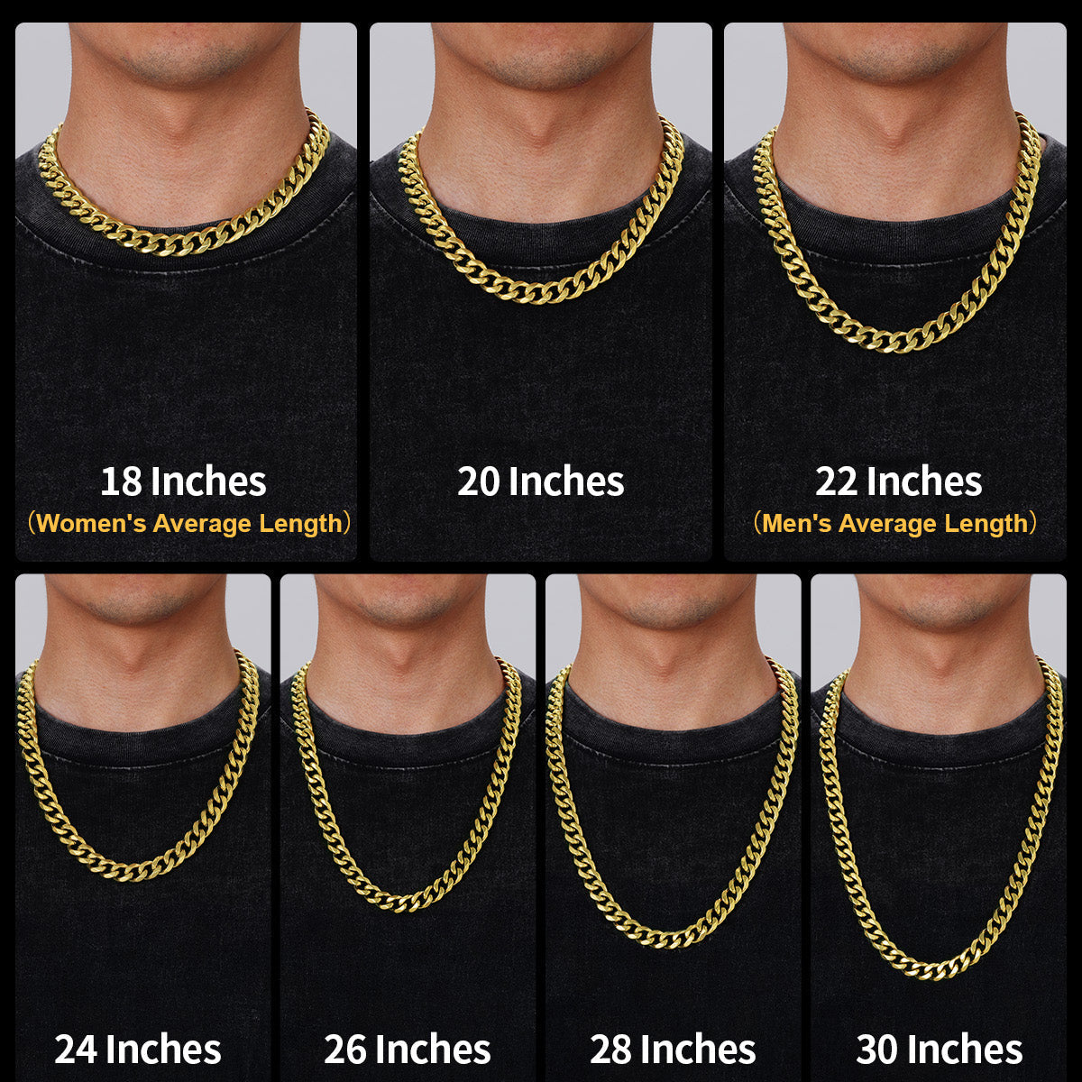 Chain length guide showing different chain lengths on a person's neck.