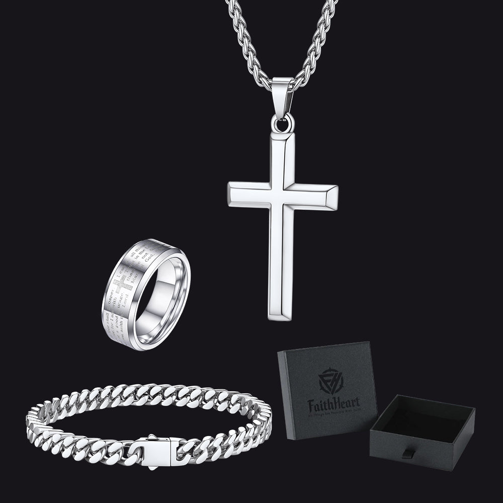 Men's Cross Necklace, Cuban Bracelet & Lord's Prayer Ring Set