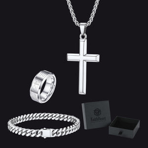 Men's Cross Necklace, Cuban Bracelet & Lord's Prayer Ring Set