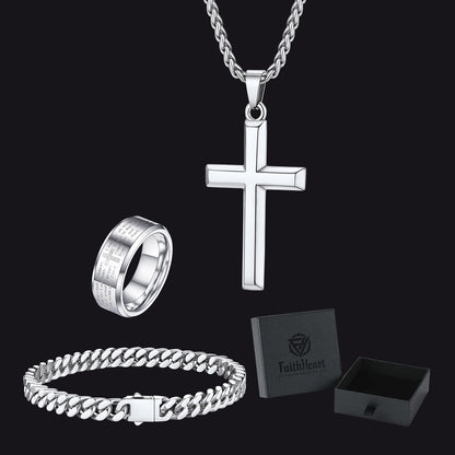 Men's Cross Necklace, Cuban Bracelet & Lord's Prayer Ring Set