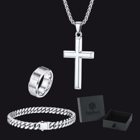 Men's Cross Necklace, Cuban Bracelet & Lord's Prayer Ring Setimg