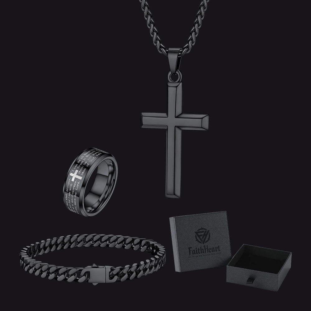 Men's Cross Necklace, Cuban Bracelet & Lord's Prayer Ring Set