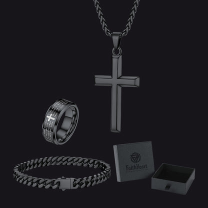 Men's Cross Necklace, Cuban Bracelet & Lord's Prayer Ring Set