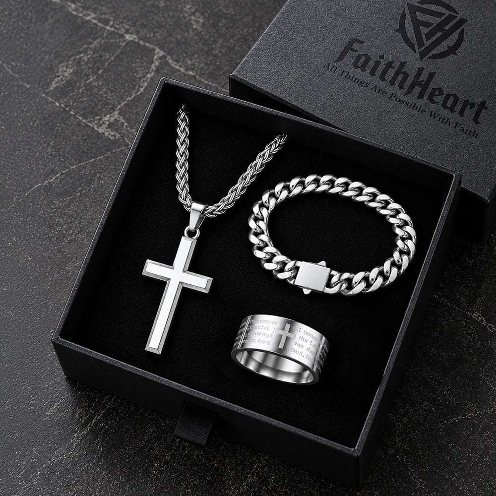 Men's Cross Necklace, Cuban Bracelet & Lord's Prayer Ring Set