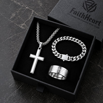 Men's Cross Necklace, Cuban Bracelet & Lord's Prayer Ring Set