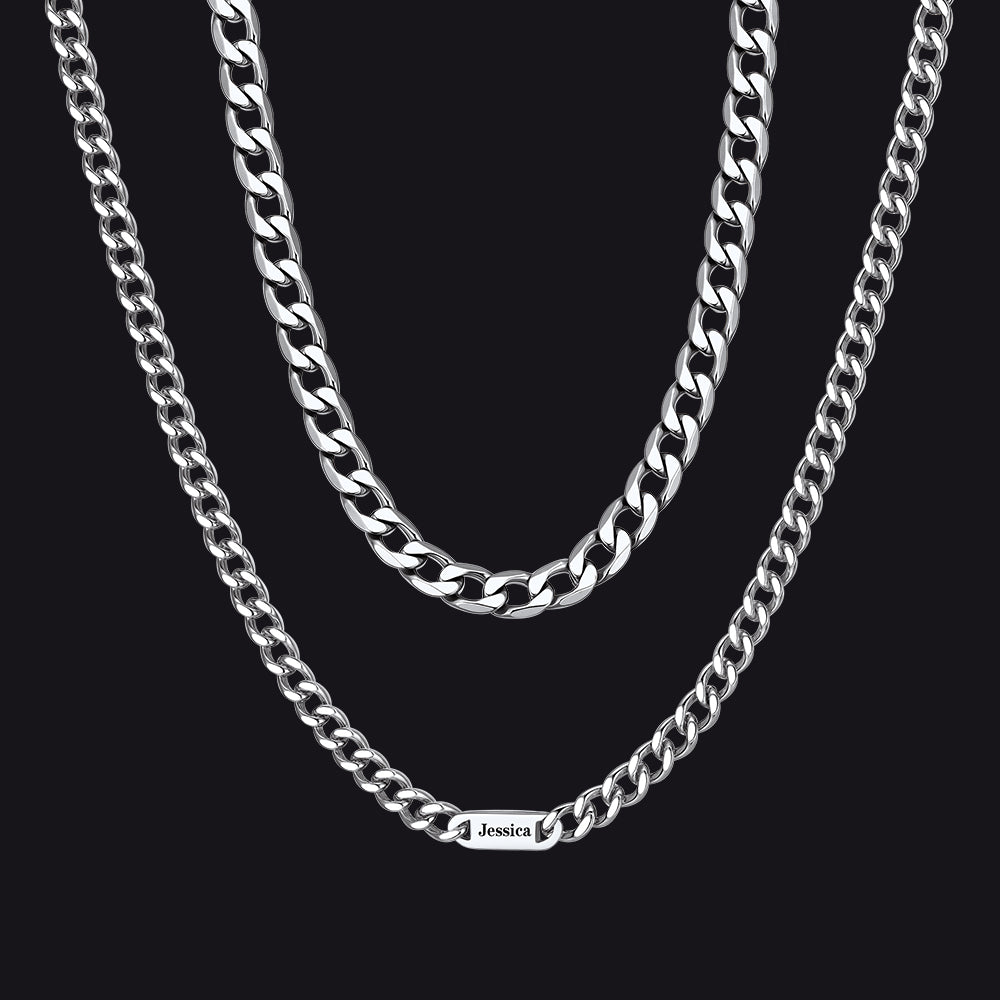5mm Width Engraved Name Cuban Chain & 6mm Cuban Chain Set for Men