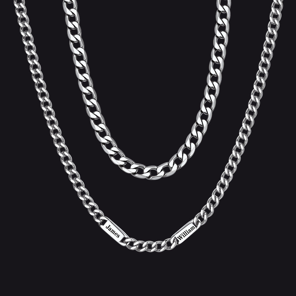 5mm Width Engraved Name Cuban Chain & 6mm Cuban Chain Set for Men