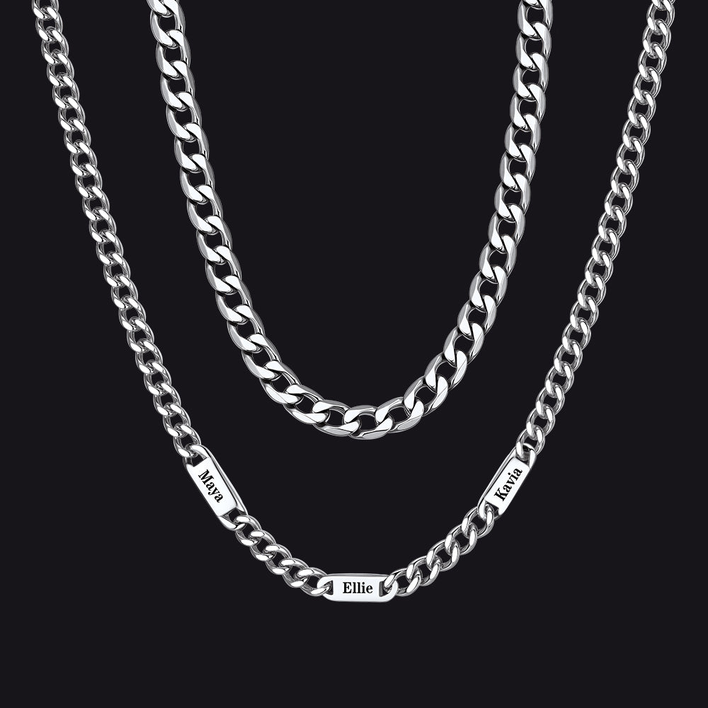 5mm Width Engraved Name Cuban Chain & 6mm Cuban Chain Set for Men