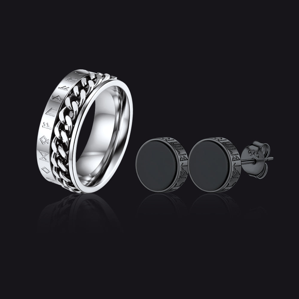 FaithHeart Viking Rune Anxiety Ring Black Onyx Stud Earrings Set FaithHeart Jewelry