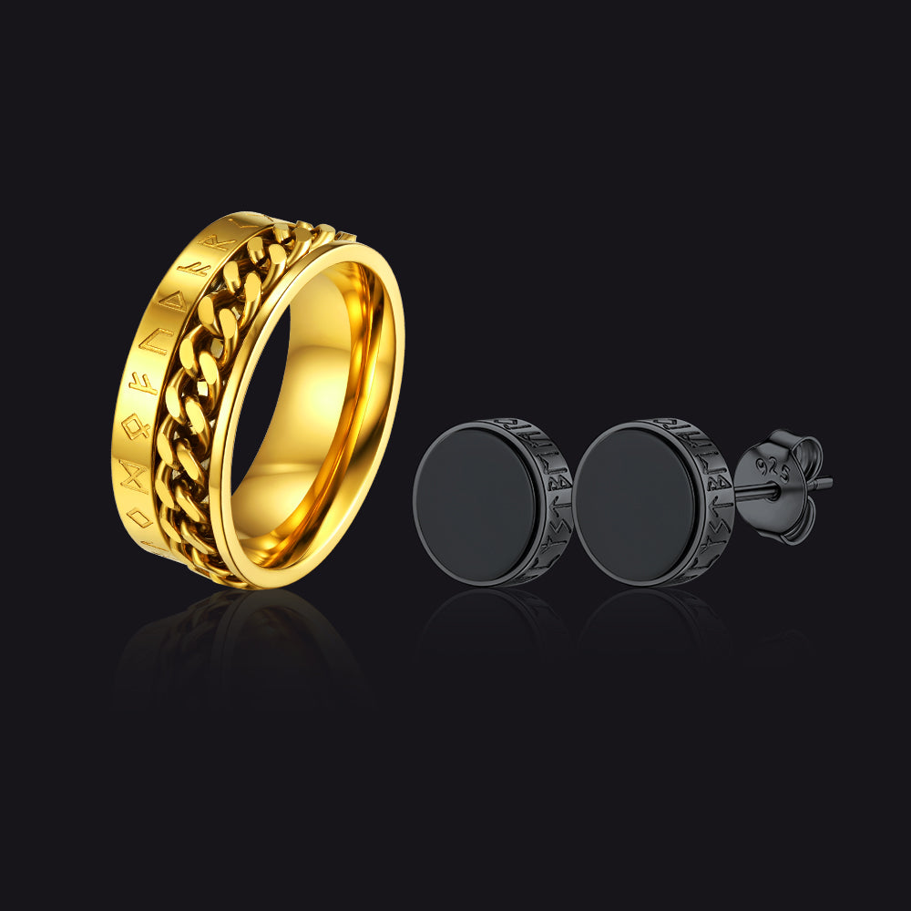 FaithHeart Viking Rune Anxiety Ring Black Onyx Stud Earrings Set FaithHeart Jewelry