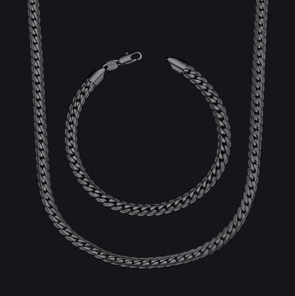 A Black Cuban link chain necklace and matching chain bracelet.