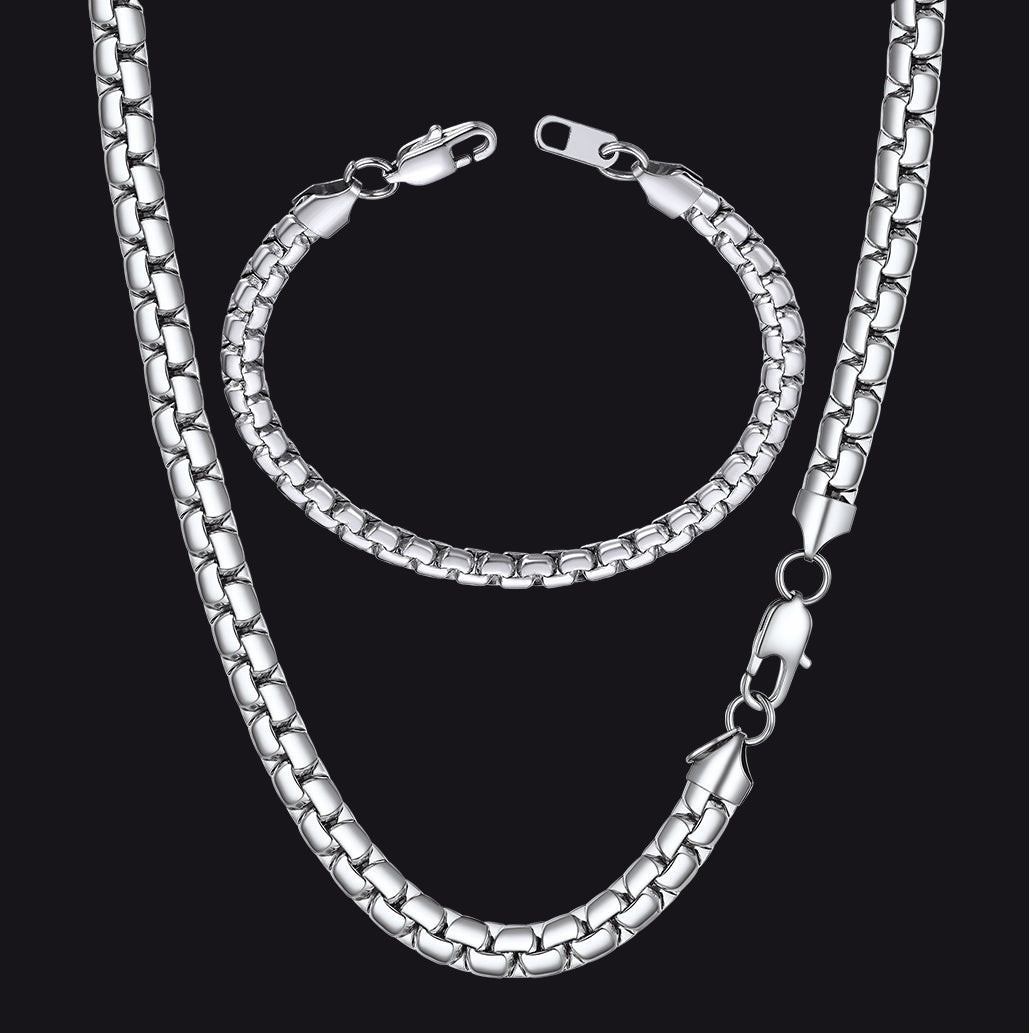 6mm Flat Box Chain & Bracelet Bundle Set for Father Men Gift