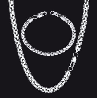 6mm Flat Box Chain & Bracelet Bundle Set for Father Men Gift