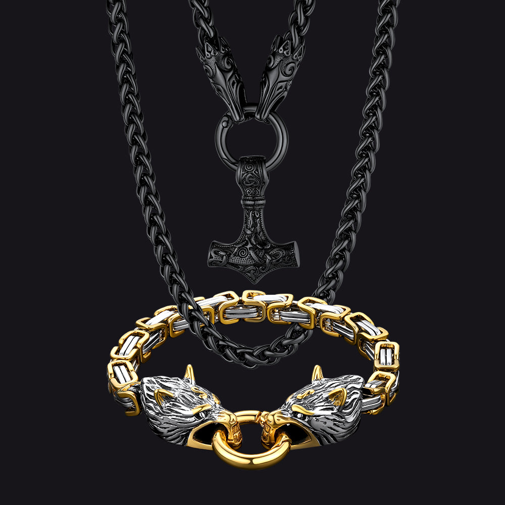 FaithHeart Viking Wolf Chain Mjolnir Necklace Bracelet Set FaithHeart Jewelry