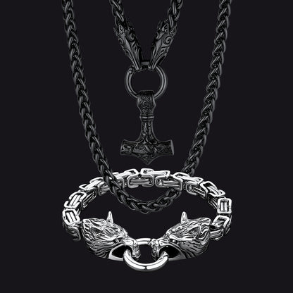 FaithHeart Viking Wolf Chain Mjolnir Necklace Bracelet Set FaithHeart Jewelry
