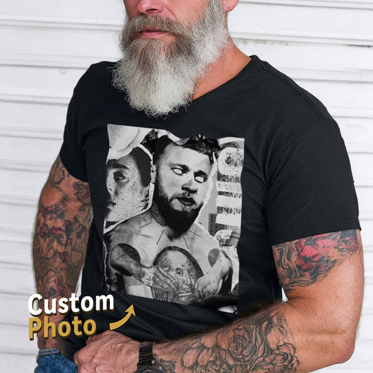 Man wearing a black t-shirt with a graphic design of a man with tattoos and a beard.img