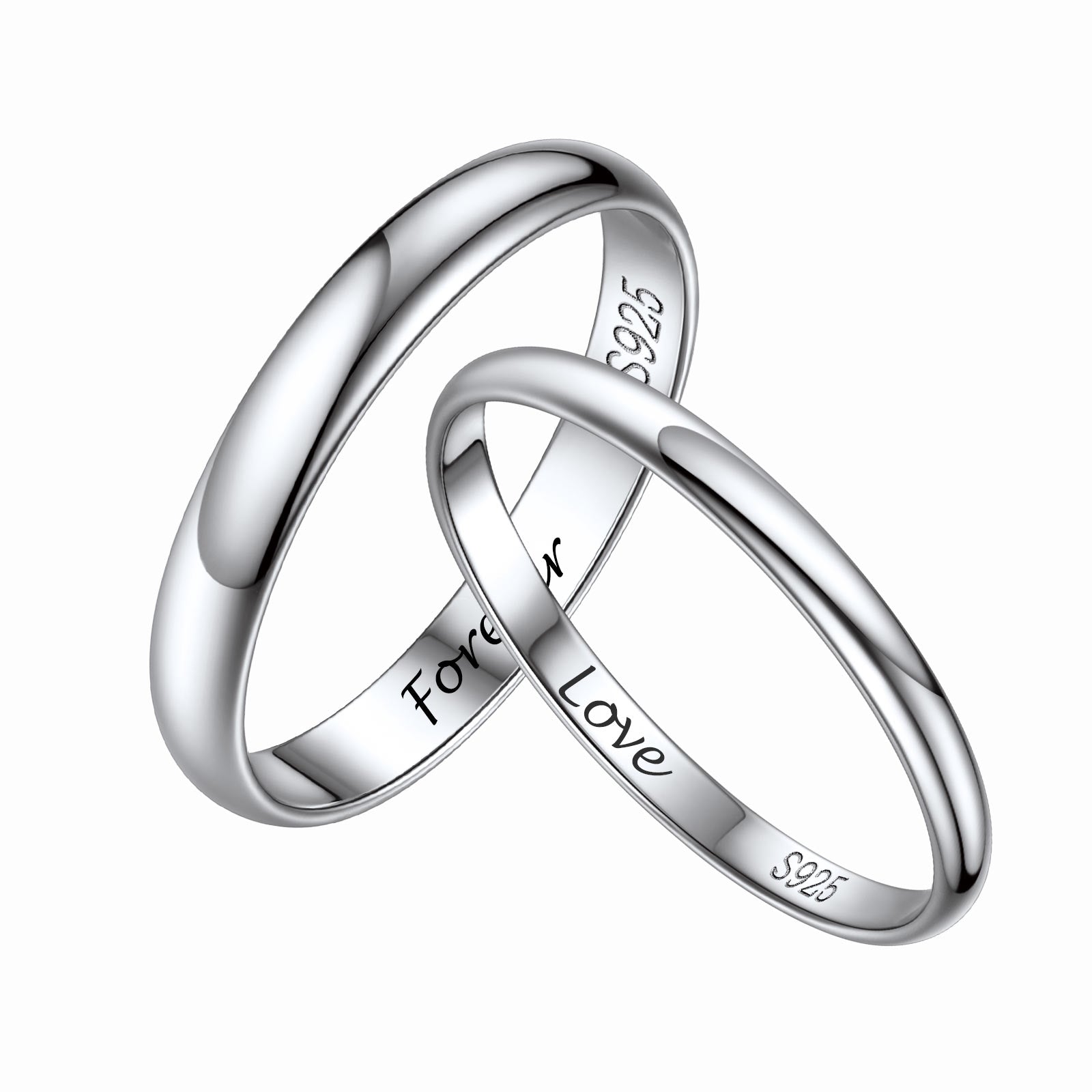 Two silver rings interlocked with 'Forever Love' engraving on a white background