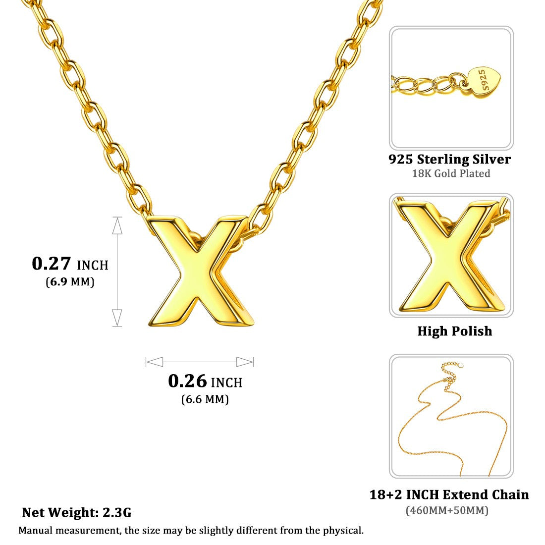 925 Sterling Silver X Initial Necklace: Dimension, Hypoallergenic