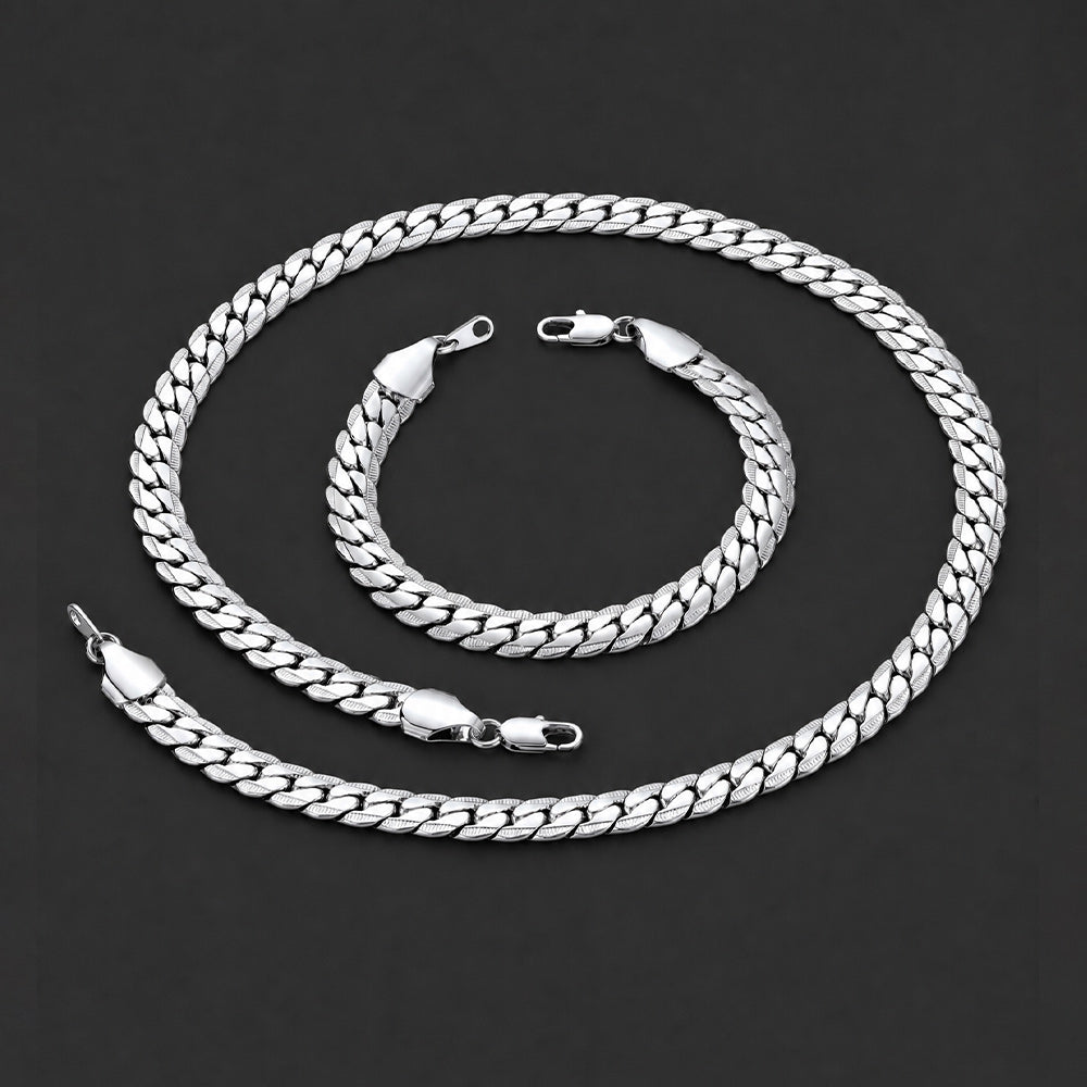 Silver 9MM Width Curb Chain & Bracelet Bundle Set, Gift for Father Men Husband