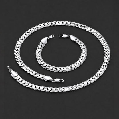 Silver 9MM Width Curb Chain & Bracelet Bundle Set, Gift for Father Men Husband