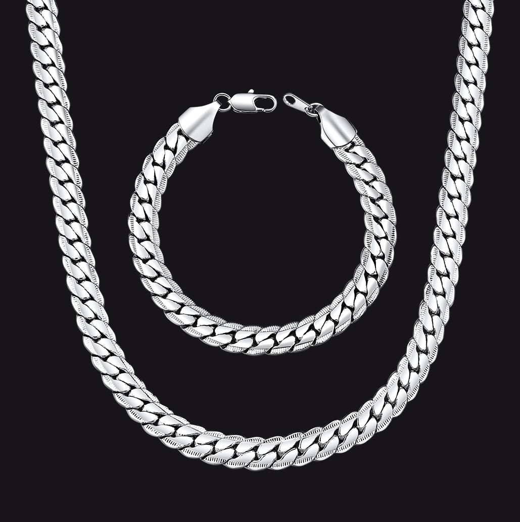 9MM Width Curb Chain & Bracelet Bundle Set, Gift for Father Men Husband
