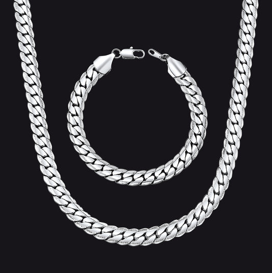 9MM Width Curb Chain & Bracelet Bundle Set, Gift for Father Men Husbandimg