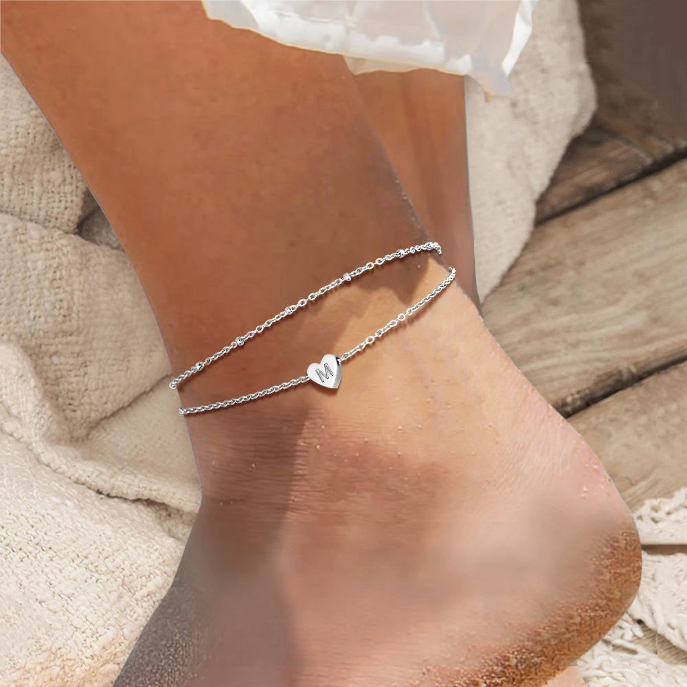 A-Z Initial Letter Heart Ankle Chain Layered Anklet for Women