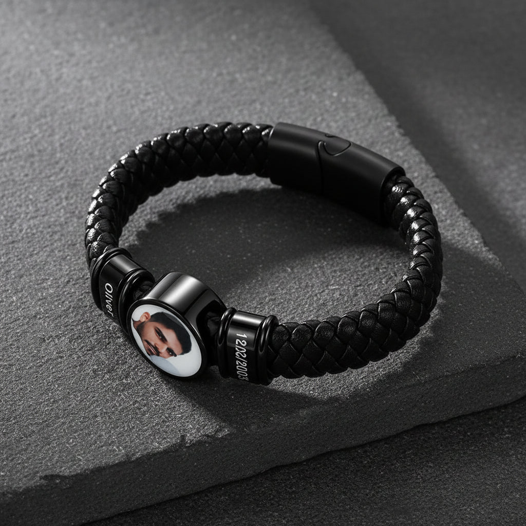 Custom names picture black braided leather bracelet for men