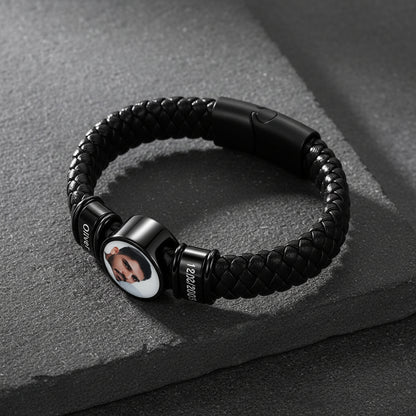 Custom names picture black braided leather bracelet for men