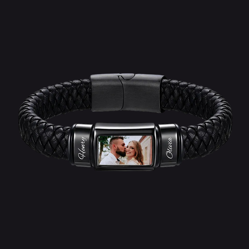A black braided leather bracelet with a custom photo display center.