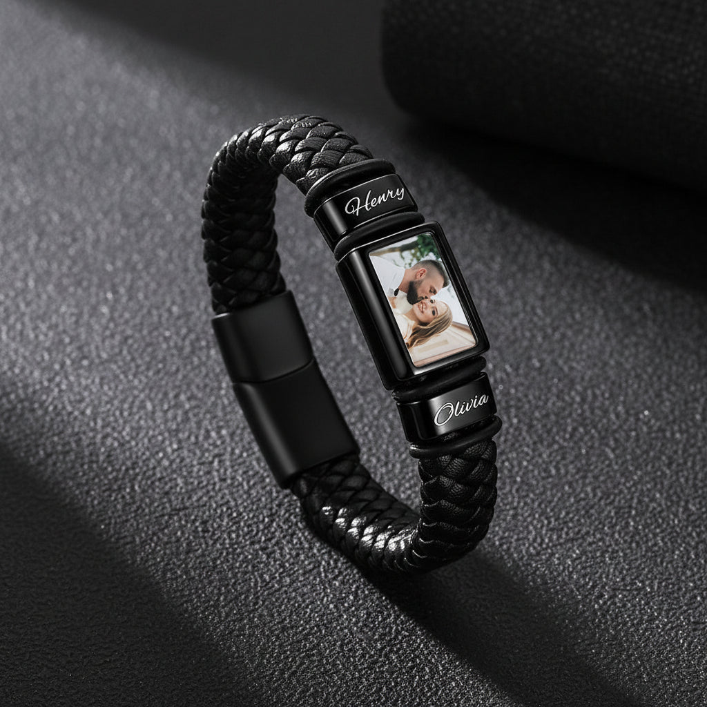 Front and side view of personalized multi name engraved leather bracelet