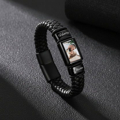 Front and side view of personalized multi name engraved leather bracelet