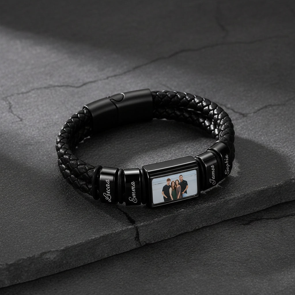 Custom photo charm on braided leather bracelet