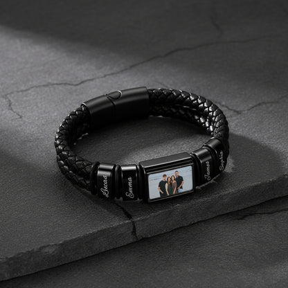 Custom photo charm on braided leather bracelet