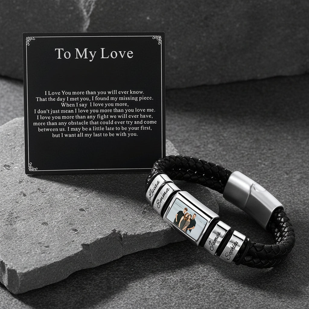 ustom name photo braided leather bracelet for men with gift card