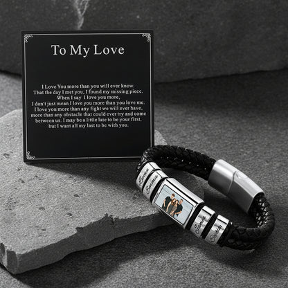 ustom name photo braided leather bracelet for men with gift card