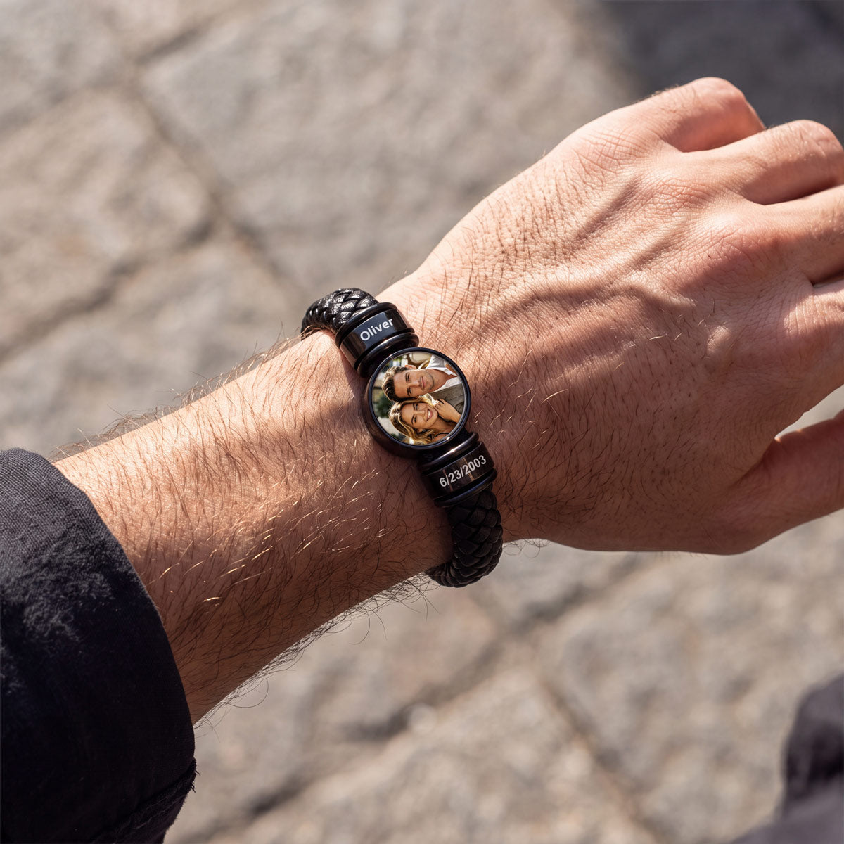 Custom Names Picture Black Braided Leather Bracelet for Men