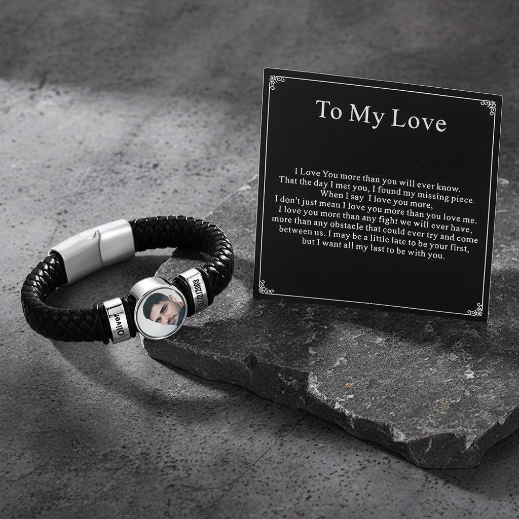 Custom engraved name beads on leather bracelet – personalized with multiple family names